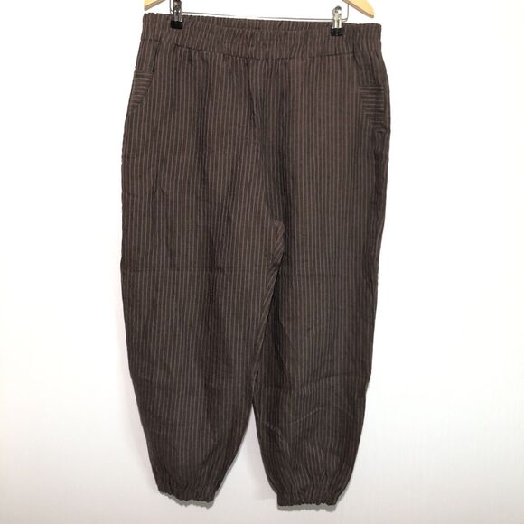 Lisa Bayne Pants Womens XL Brown Linen Lantern Barrel Leg Striped Lagenlook New - Picture 1 of 10